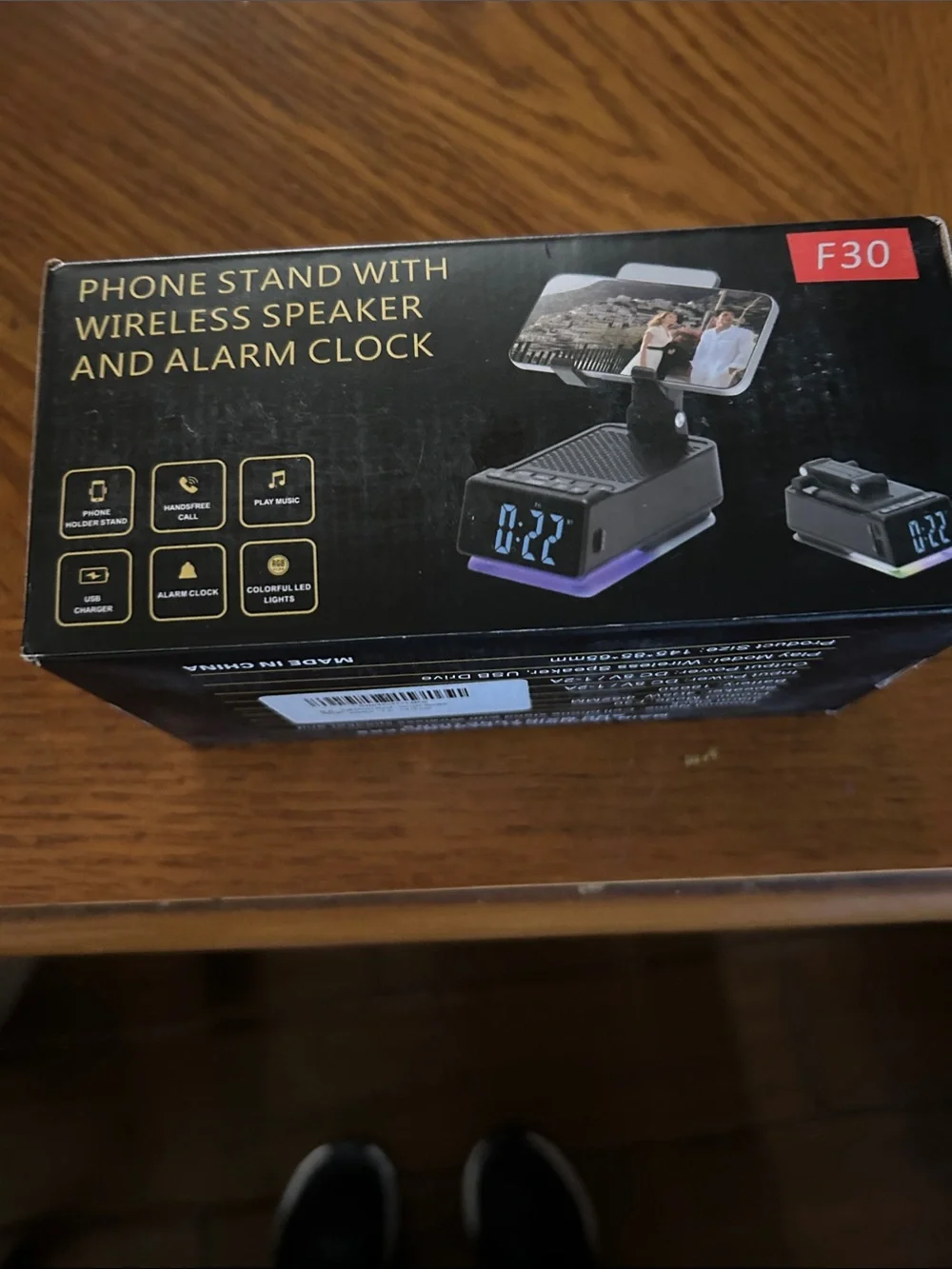 F30 Wireless Phone Stand with Speaker and Alarm Clock - Black/Purple Accent